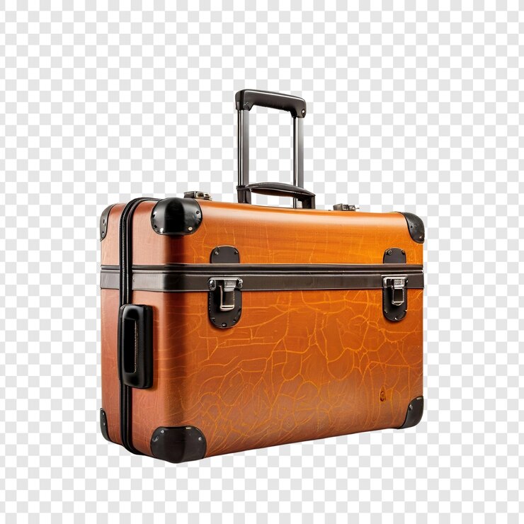 PSD oranje carryon koffer rollende bagage reisetaske vakantie reis geïsoleerd op doorzichtig