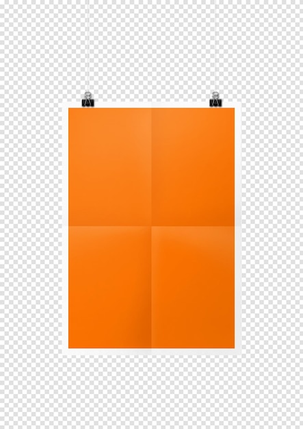 Oranje gevouwen poster die met clips aan een witte muur hangt