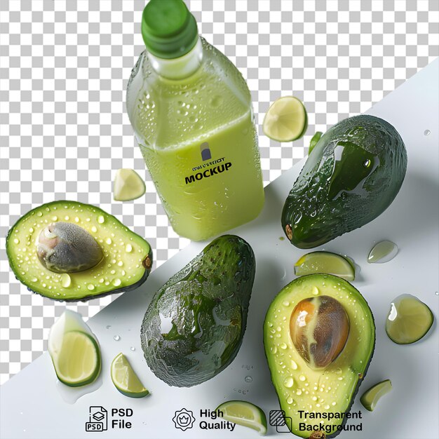 Organic avocado juice bottle mockup with transparent background