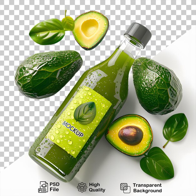 Modello di bottiglia di succo di avocado biologico con sfondo trasparente