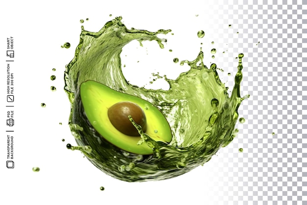 Organic avocado splash in psd in transparent background