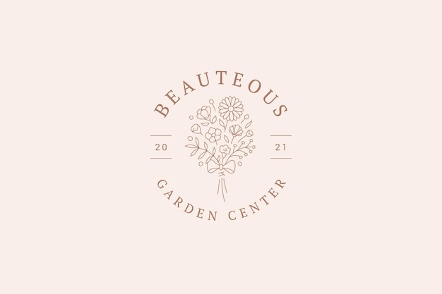 Organic elegant decorative wildflower bouquet with bow ribbon circle minimalist logo