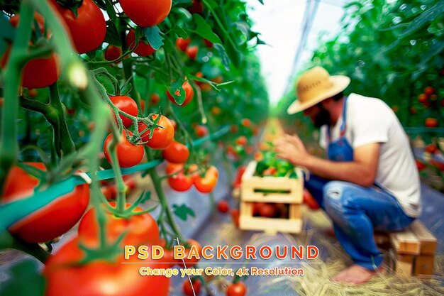 PSD agricoltura alimentare biologica agricoltore che raccoglie verdure di pomodoro fresche e messe in cassa di legno