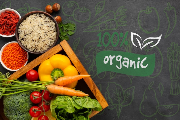 PSD organic food top view on a grunge background