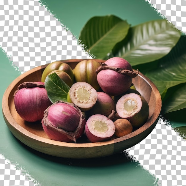 PSD organic mangosteen fruits arranged on a banana leaf over a wooden plate transparent background