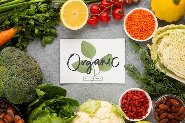 PSD organic mock-up card surrounded by veggies