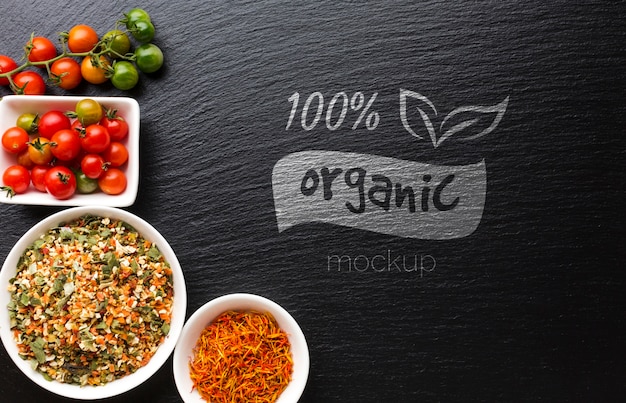 Organic mock-up with spices and tomatoes