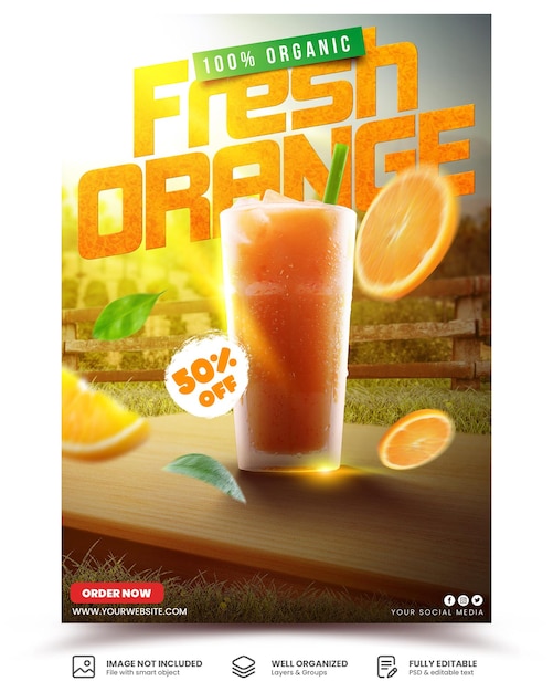 PSD organic orange juice sale poster template