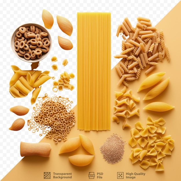 Pasta biologica posizionata su sfondo trasparente dall'alto