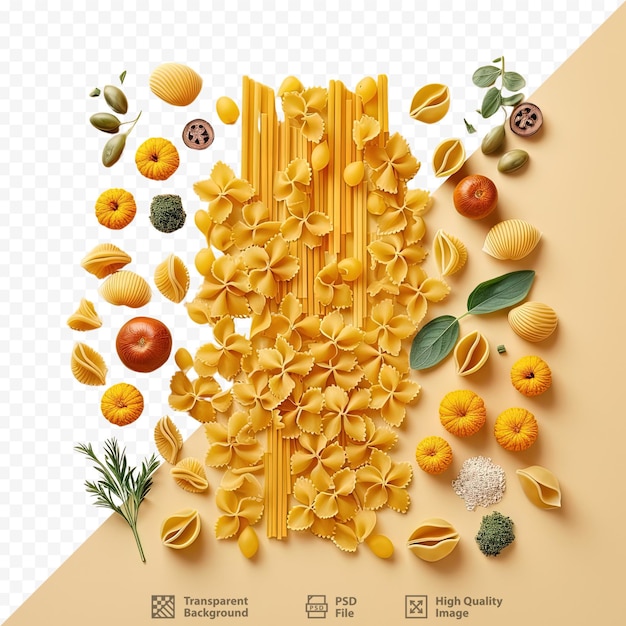 Pasta biologica posizionata su sfondo trasparente dall'alto