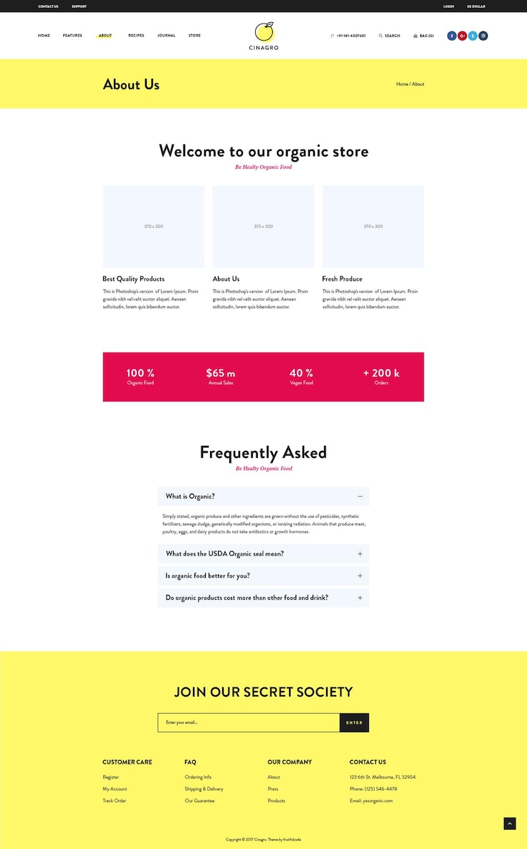 PSD organic store website homepage about us section