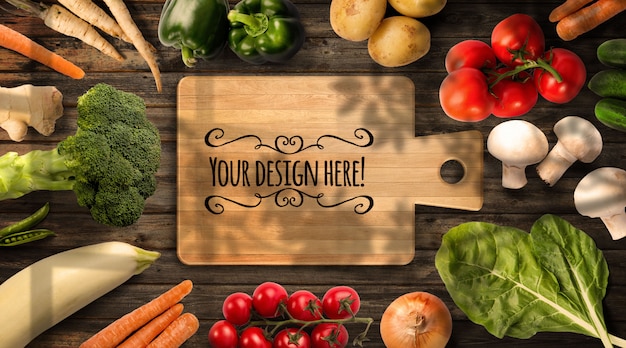 Organic Vegetables Positioned Around Wooden Board, top view Mockup