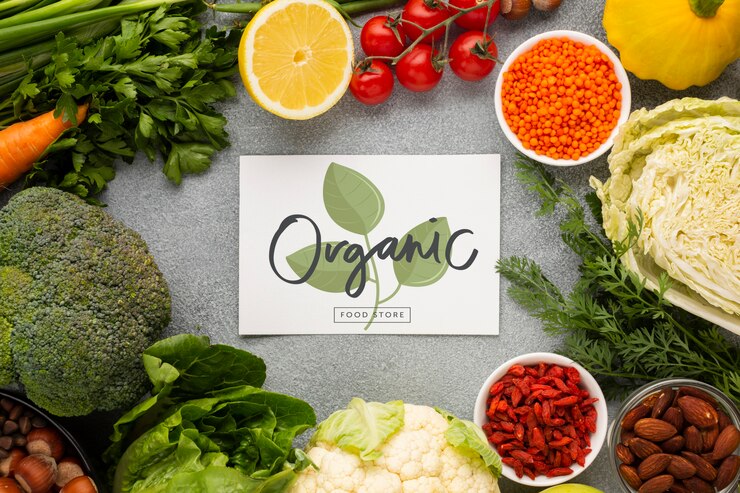 PSD organiczna karta makiety otoczona warzywami
