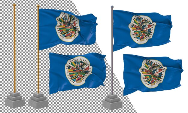 Organization of American States Flag Waving Different Style With Stand Pole Isolated 3D Rendering