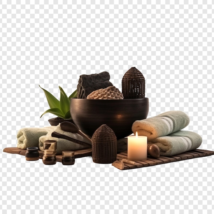 PSD oriental massage products and equipment including spa accessories isolated on transparent background