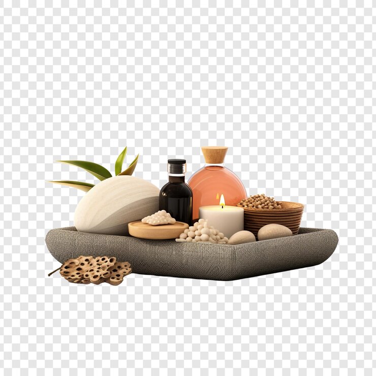 PSD oriental massage products and equipment including spa accessories isolated on transparent background