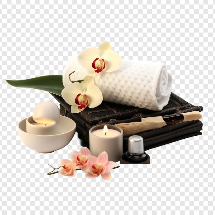 PSD oriental massage products and equipment including spa accessories isolated on transparent background