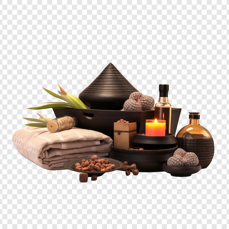 PSD oriental massage products and equipment including spa accessories isolated on transparent background