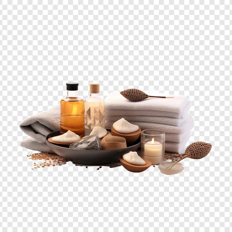 PSD oriental massage products and equipment including spa accessories isolated on transparent background