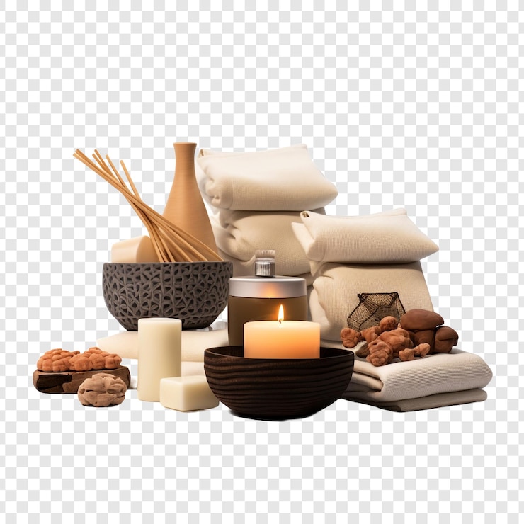 PSD oriental massage products and equipment including spa accessories isolated on transparent background