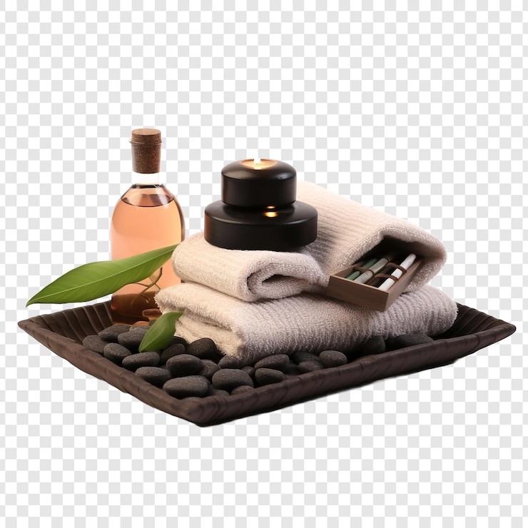 PSD oriental massage products and equipment including spa accessories isolated on transparent background