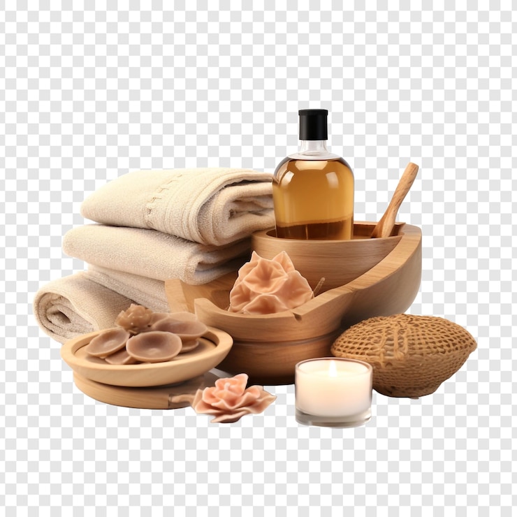PSD oriental massage products and equipment including spa accessories isolated on transparent background