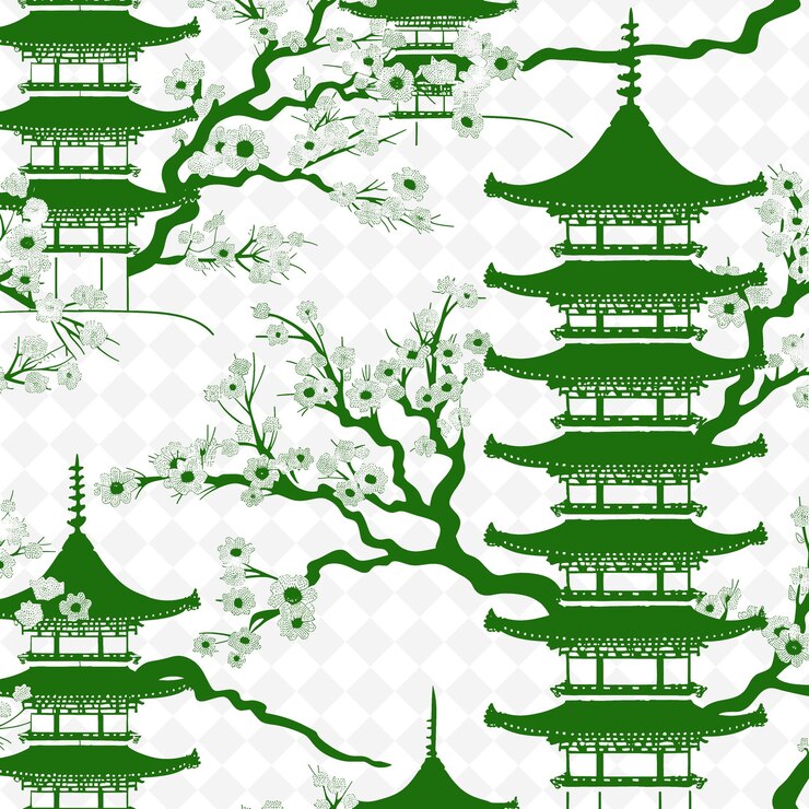 PSD oriental pagoda outline with tier pattern and cherry blosso illustration decor motifs collection