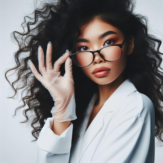 oriental woman Model with glasses dancing shaking Pose isolated on transparent Background Face png