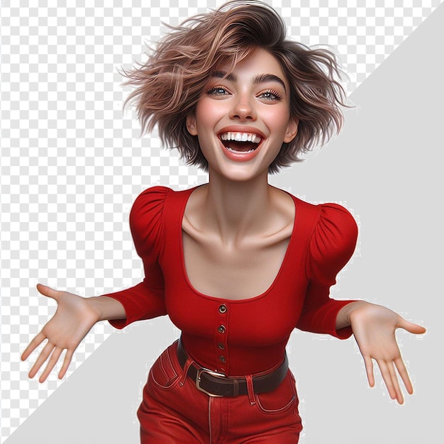 PSD orientalna kobieta w czerwonych ubraniach model tańczący drżący śmiejąc się izolowany przezroczysty tło twarz png