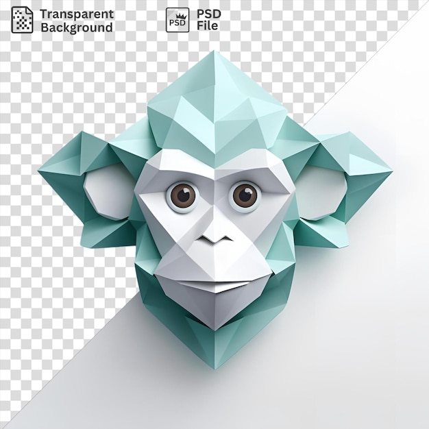 An origami monkey with a white face and black and brown eyes