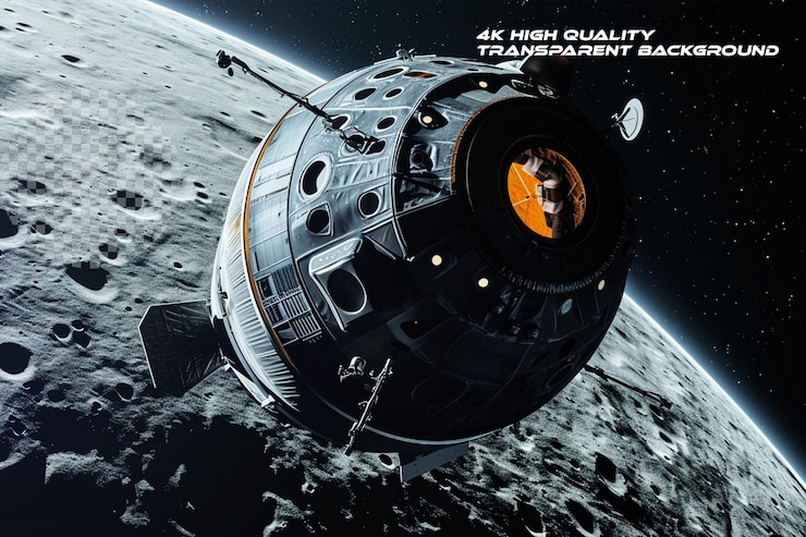 PSD orion spacecraft orbiting the moon on transparent background