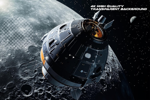 透明な背景で月を軌道に回るオリオン宇宙船