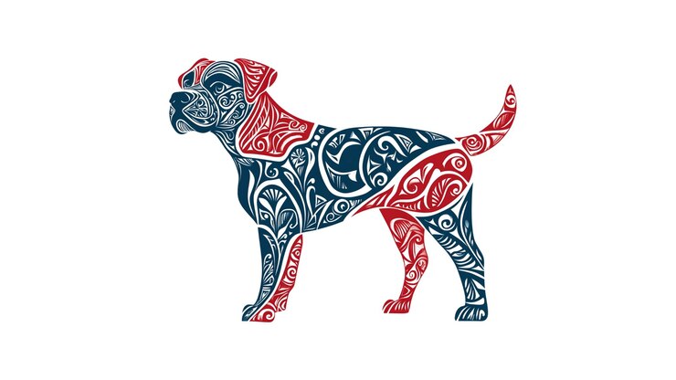PSD ornate dog silhouette blue and red filigree canine design