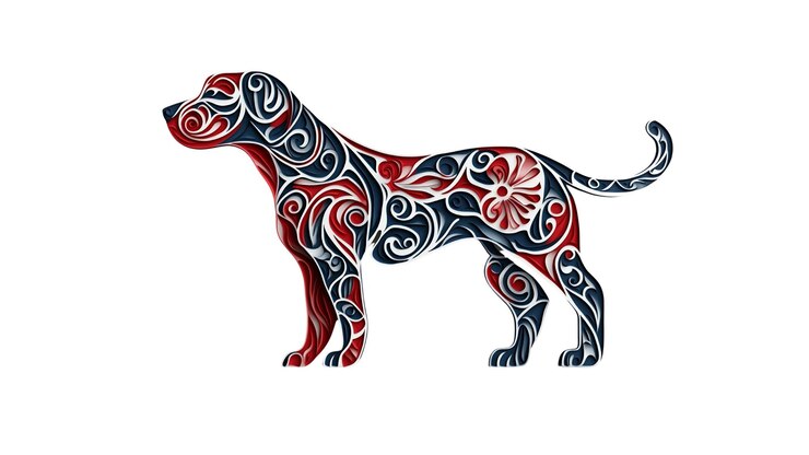 PSD ornate dog silhouette red white and blue floral design