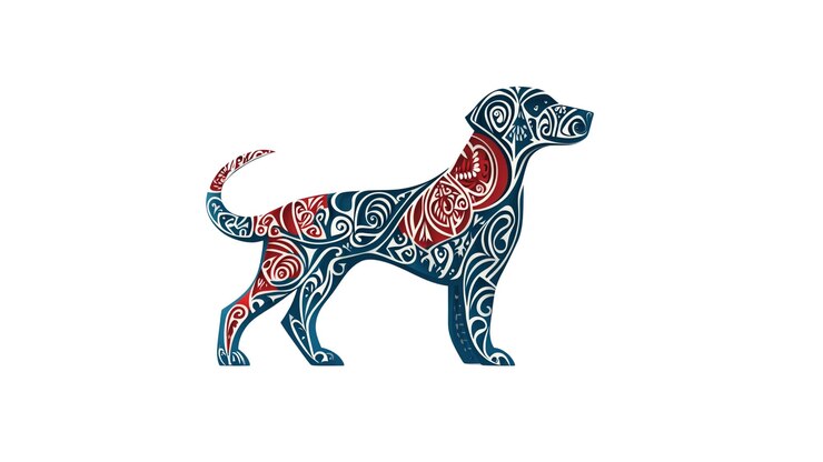 PSD ornate dog silhouette tribal design in blue and red
