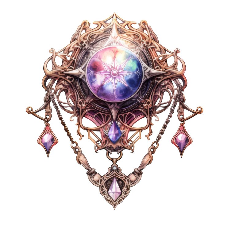 PSD ornate jeweled amulet with central iridescent gemstone and pendant drops