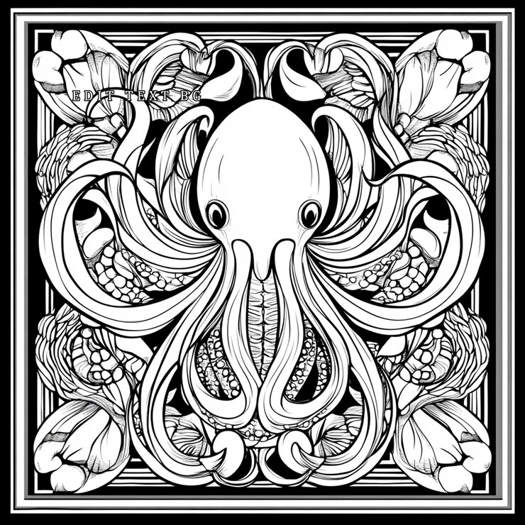 PSD ornate octopus illustration in black and white