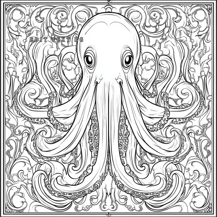 PSD ornate octopus illustration in a square frame
