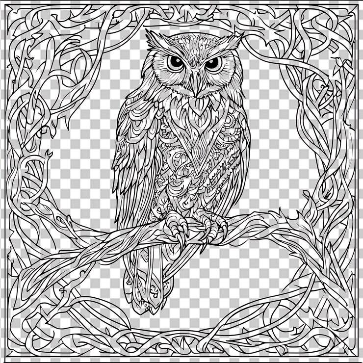 PSD ornate owl illustration with celtic knot border