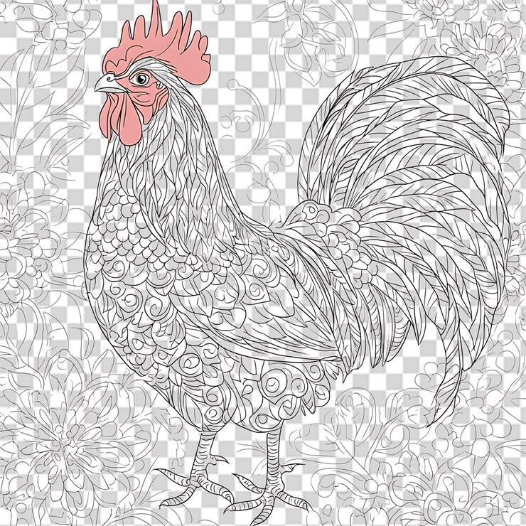 PSD ornate rooster illustration with floral details