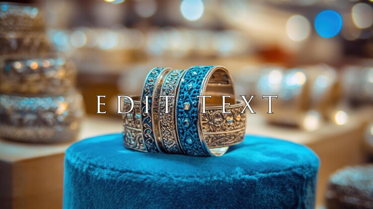 PSD ornate silver bracelets with blue enamel detailing displayed on a blue velvet cushion