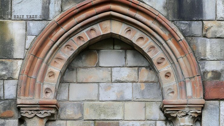 PSD ornate terracotta archway in stone wall
