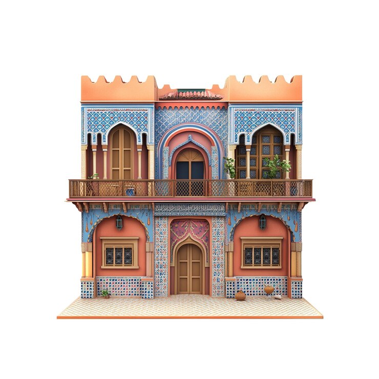 PSD ornate twostory middle eastern house with intricate tilework and balcony