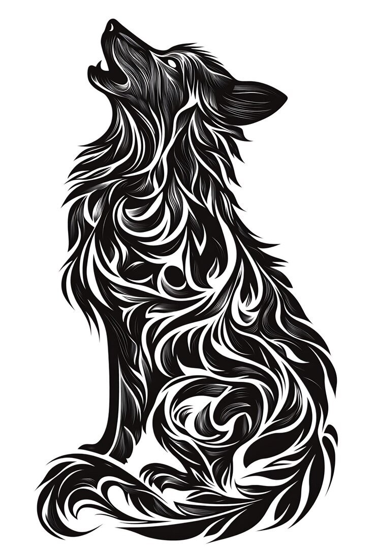 PSD ornate wolf howling at the moon
