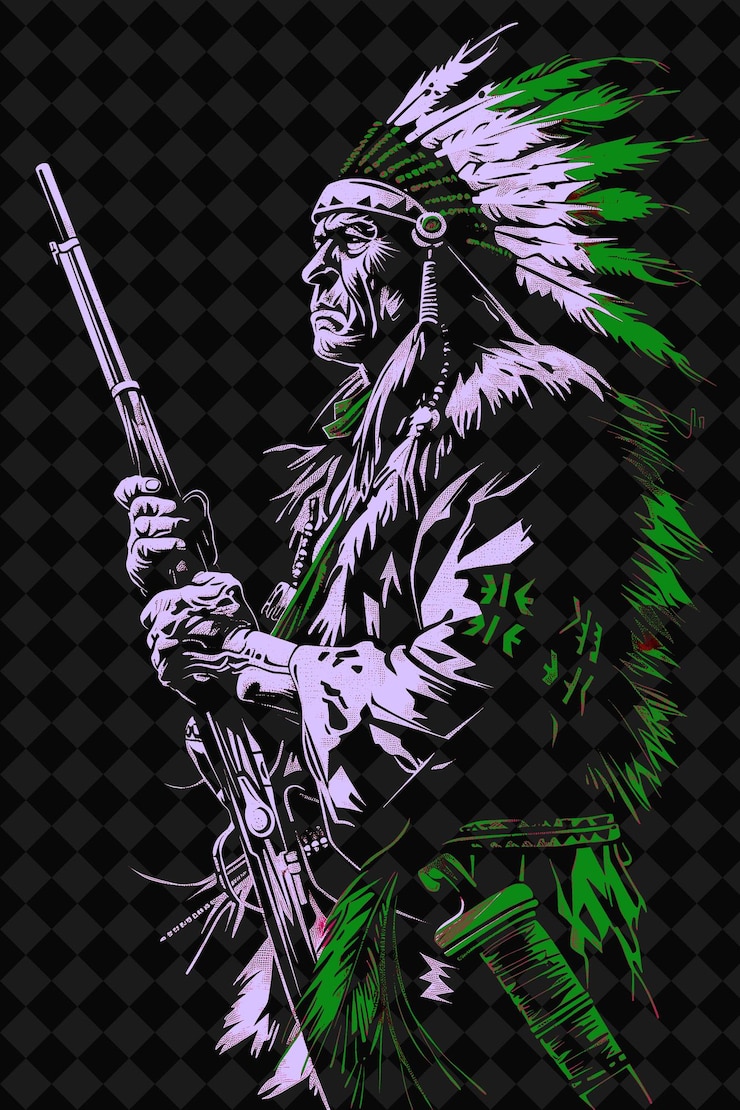 PSD osage warrior portrait with feather headdress and rifle stan png illustration character designs