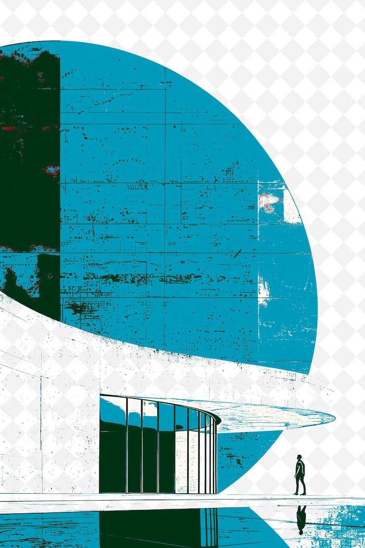 PSD oscar niemeyers modernist architecture with a red atabaque d brazil scene and culture illustrations