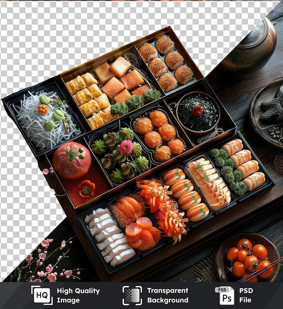 PSD osechi ryorie display with various food items on wooden table including black and brown bowls and