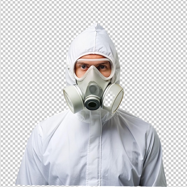 PSD osoba nosząca maskę gazową na przezroczystym tle