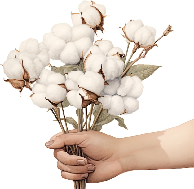 osoba trzymająca bukiet bawełnianych kwiatów na białym tleilustracja artystyczna