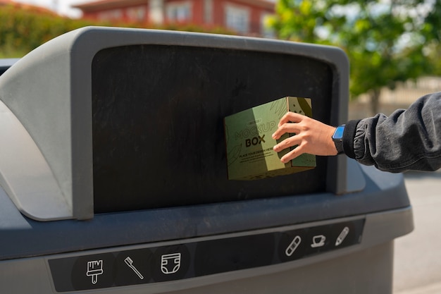 PSD osoba wyrzucająca śmieci do kosza do recyklingu